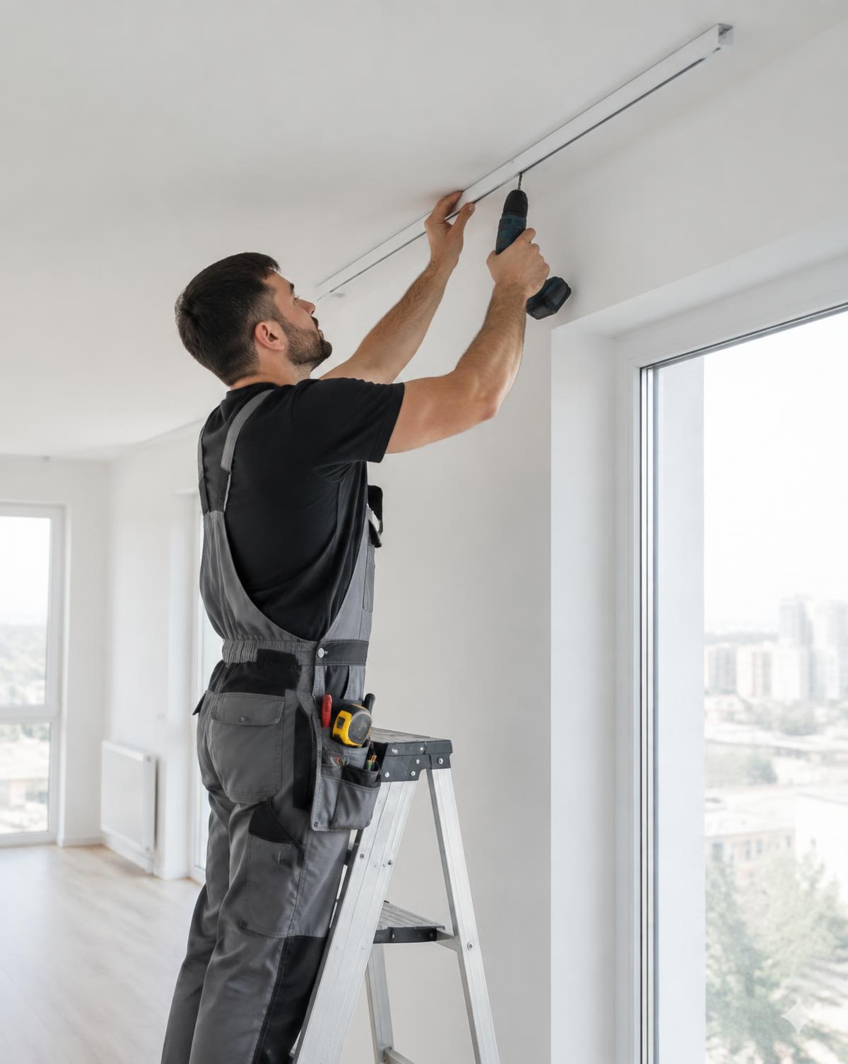 Técnico a instalar uma calha de cortinado no teto